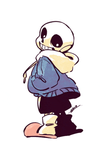 a drawing of a skeleton wearing a blue jacket with a yellow hood