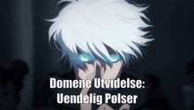 a man with white hair and blue eyes holds his finger to his mouth and says " domene utvidelse "