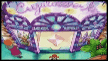 a cartoon drawing of a purple building with the words crystalwerk on it