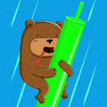 a cartoon of a bear holding a green tube
