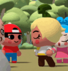 a group of cartoon characters standing next to each other with one wearing a red baseball cap