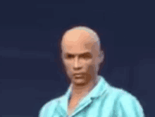 a bald man is wearing a blue shirt and standing in front of a blue background .