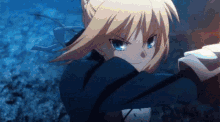 a blonde anime girl with blue eyes is holding a sword in her right hand .