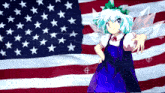 a girl in a blue dress stands in front of a large american flag
