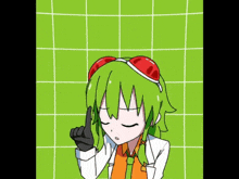 a drawing of a girl with green hair and a hat