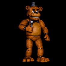 a brown teddy bear holding a microphone in his hand