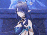 a girl with long purple hair and horns is standing in front of a blue wall .