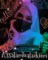 a woman wearing a mask is holding a microphone and says " assalamualaikum " in the corner