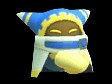 a cartoon character with a blue and yellow hat and a yellow glove