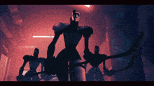 a group of robots are standing in a dark room holding sticks