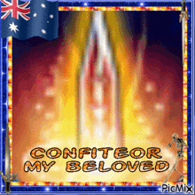 a picture that says " confiteor my beloved " with a flag in the background