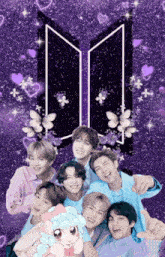a group of young men are posing for a picture in front of a purple background