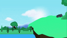 a cartoon of a landscape with trees and a river