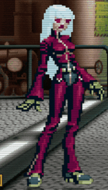 a pixel art image of a woman in a red suit