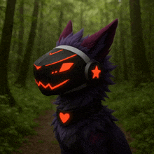 a purple furry animal wearing headphones with a red star on it 's neck