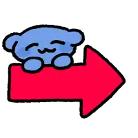 a blue bear is sleeping on a red arrow pointing to the left