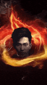 a painting of a man surrounded by fire