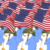 a bunch of penguins holding american flags and wearing military helmets