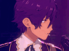 a close up of a purple haired anime character in a suit