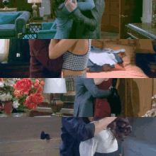 a collage of images shows a man and a woman hugging