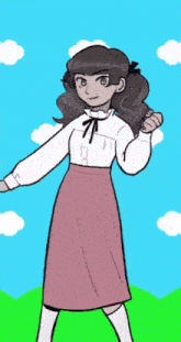 a drawing of a girl in a white shirt and pink skirt standing in a field .