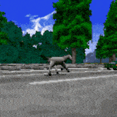 a pixel art of a horse running down a road with trees in the background