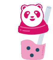 a panda bear is sitting in a pink cup with a straw .