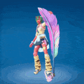 a girl with green hair is holding a large feather in her hand