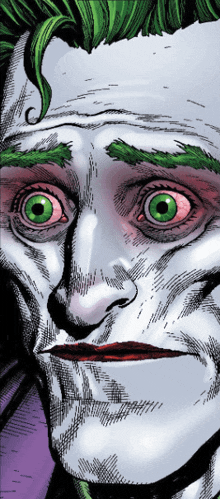 a close up of a comic book character with green eyes