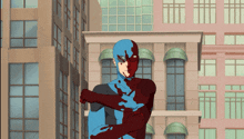 a cartoon of a man in a blue and red superhero suit