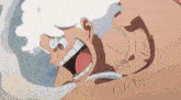 a cartoon character with white hair and a red tongue .