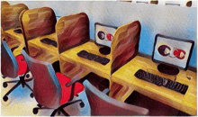 a painting of a cubicle with ccd on the computer screen