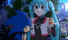 sonic and hatsune miku are standing next to each other holding a cake
