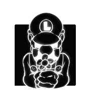 a black and white drawing of a man with a l on his hat holding a flower
