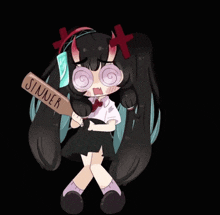 a girl with horns is holding a sign that says sinner on it
