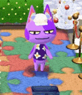 a purple animal crossing character wearing a white hat is standing on a puzzle rug .