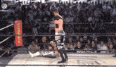 a wrestling match is taking place in a ring with a crowd of people watching .
