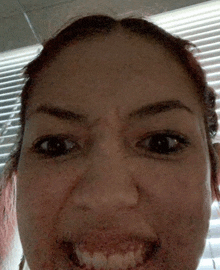 a close up of a woman 's face with a slight smile