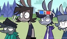 a group of cartoon characters wearing 3d glasses are standing in a line