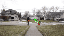 a pixel art of a man standing on a sidewalk next to a house