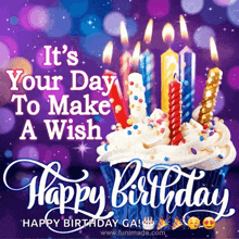 it 's your day to make a wish happy birthday greeting card with a cupcake and candles .