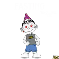 a cartoon character is wearing a party hat and a shirt that says ' zhot '