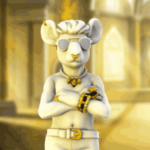 a statue of a mouse wearing sunglasses and a gold bracelet