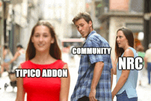 a man looking at a woman with the words community tipico addon nrc written on the bottom