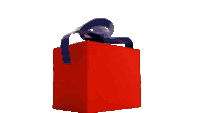 a red gift box with a blue ribbon on top
