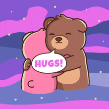 a cartoon of two teddy bears hugging with a speech bubble that says hugs