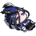 a cartoon character with long black hair and purple eyes is laying down on the floor .