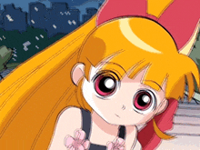 a drawing of a girl with long blonde hair and red eyes