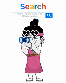 a cartoon of a girl looking through binoculars with a search bar above her