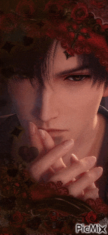 a close up of a man 's face with roses on his head and the words picmix on the bottom
